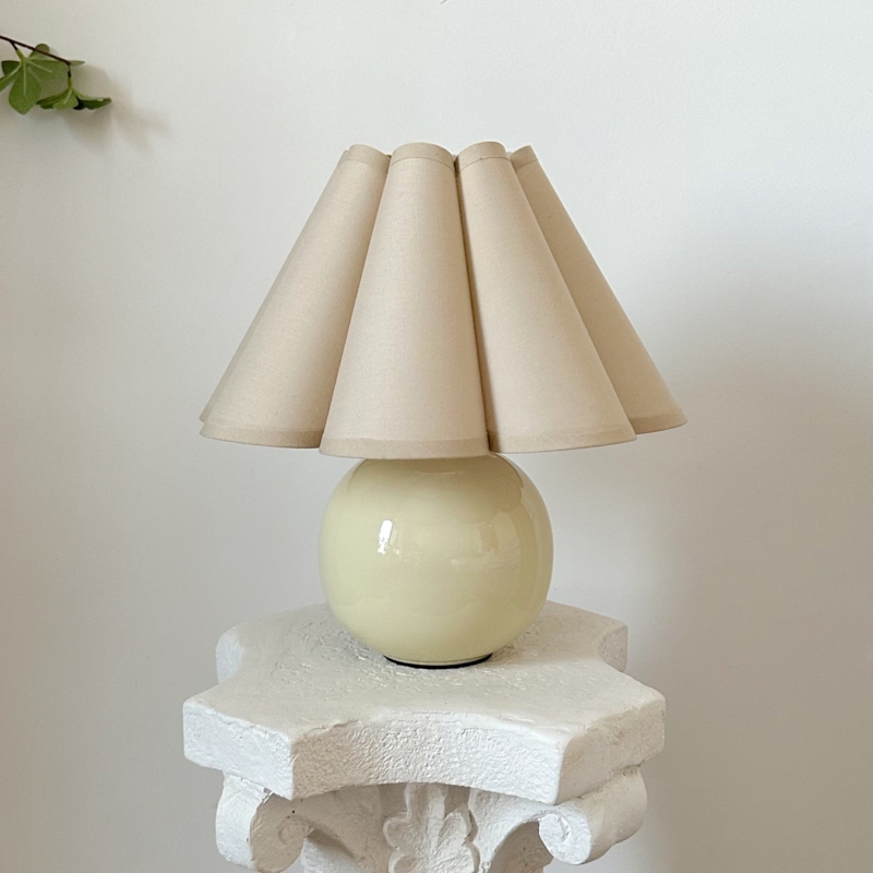 Table Lamp: Pleated Petal Shade on Ceramic Bulbous Base, Japandi Style
