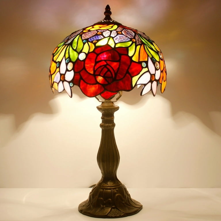 Table Lamp, Red Rose Design, Victorian Style, Bronze Finish