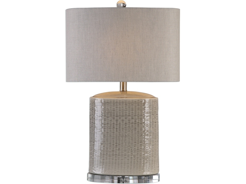 Table Lamp Ribbed Ceramic Base Linen Drum Shade Transitional Decor