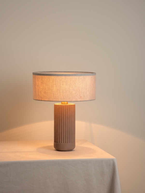 Table Lamp Ribbed Concrete Base Tapered Shade Stone-Like Organic Design