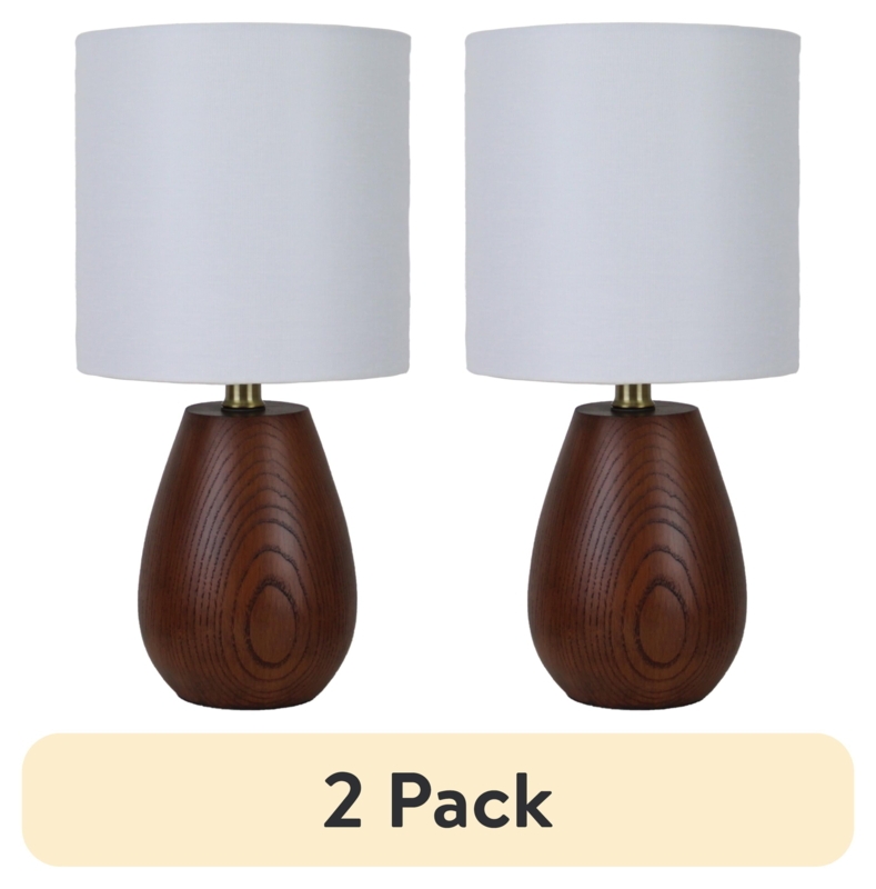 Table Lamp Rounded Base Wood Look Finish Tapered Shade Set Of Two