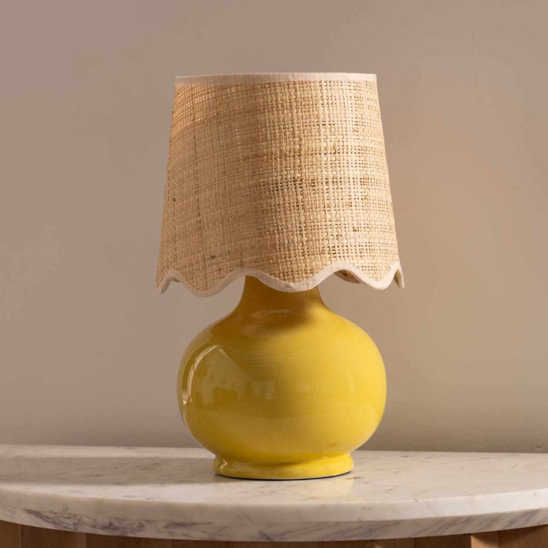 Table Lamp: Rustic Ceramic, Mustard Yellow Matte, Speckled Texture.