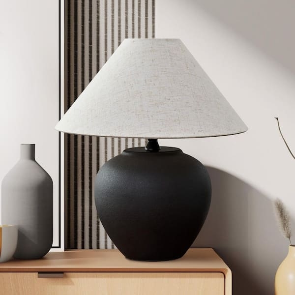 Table Lamp, Rustic Modern Black Ceramic Jug Base, Linen-Like Shade
