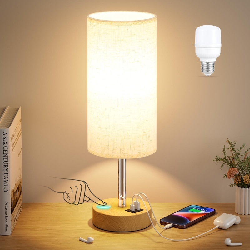 Table Lamp Scandinavian Wood Base with USB for Bedroom Nightstand