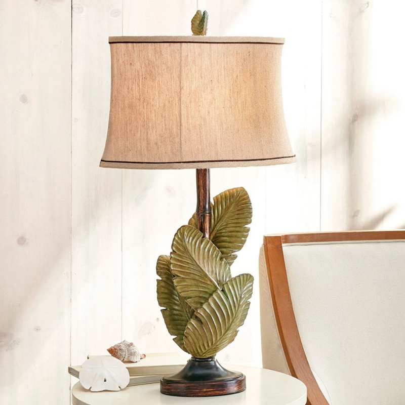 Table Lamp: Sculpted Green Palm Leaf Base with Gold Edging