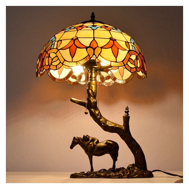 Table Lamp, Sculpted Horse Base, Baroque Pattern, Tiffany Style