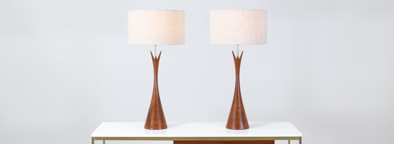 Table Lamp Sculpted Tripod Base Tall Cylindrical Shade Danish Modern