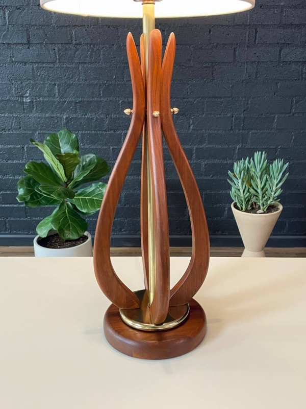 Table Lamp Sculpted Wood Base Extra Tall Shade Vintage Brass Accent