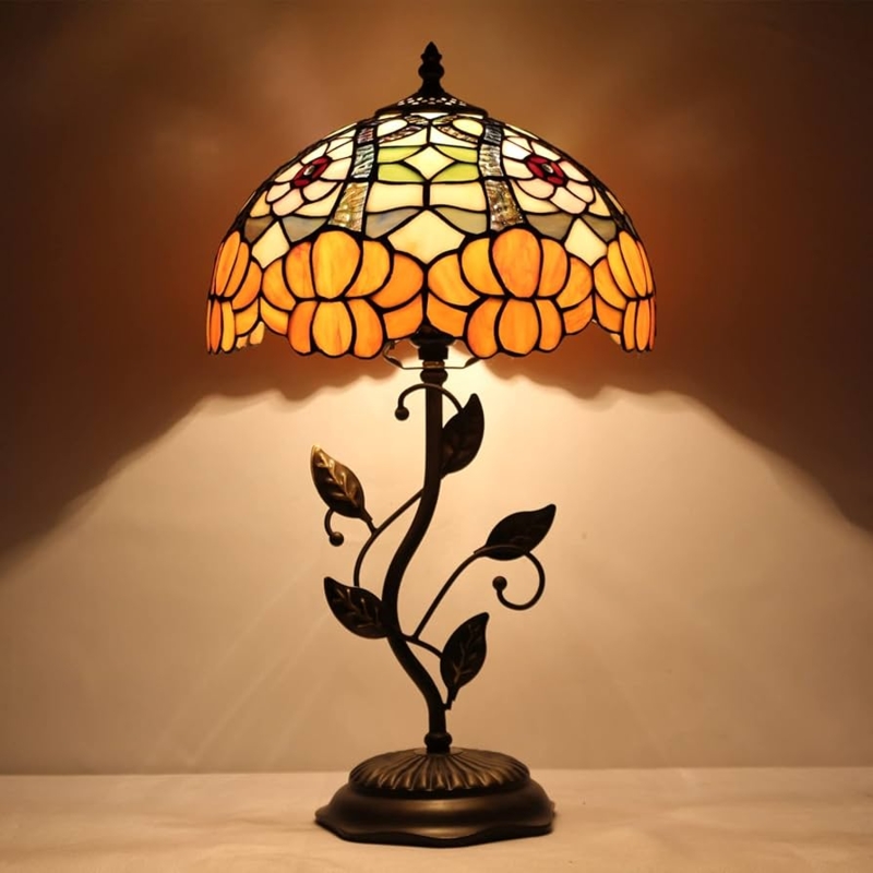 Table Lamp, Sculptural Leaf Base, Floral Stained Glass Table Lamp