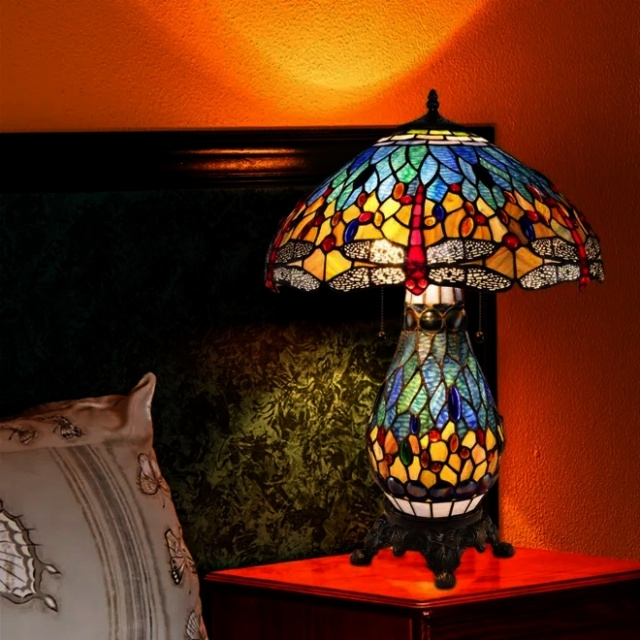 Table Lamp, Sculptural Tree Trunk Base, Dragonfly Motif, Matte Finish