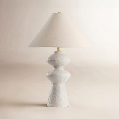 Table Lamp Sculptural Wood Tripod Base White Tapered Shade Mid Century