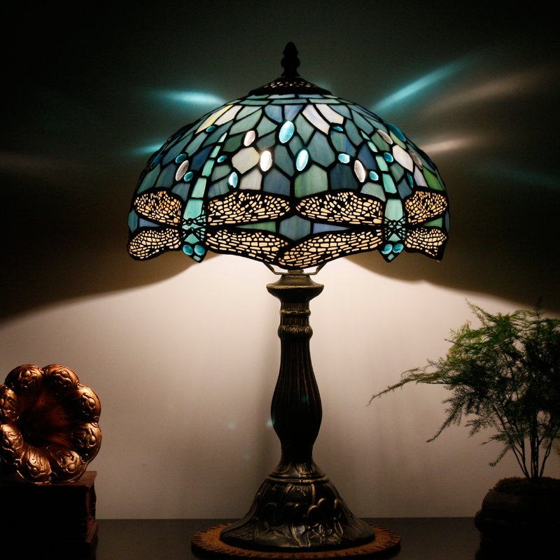 Table Lamp, Sea Blue Stained Glass, Sculptural Base, Accent Lighting