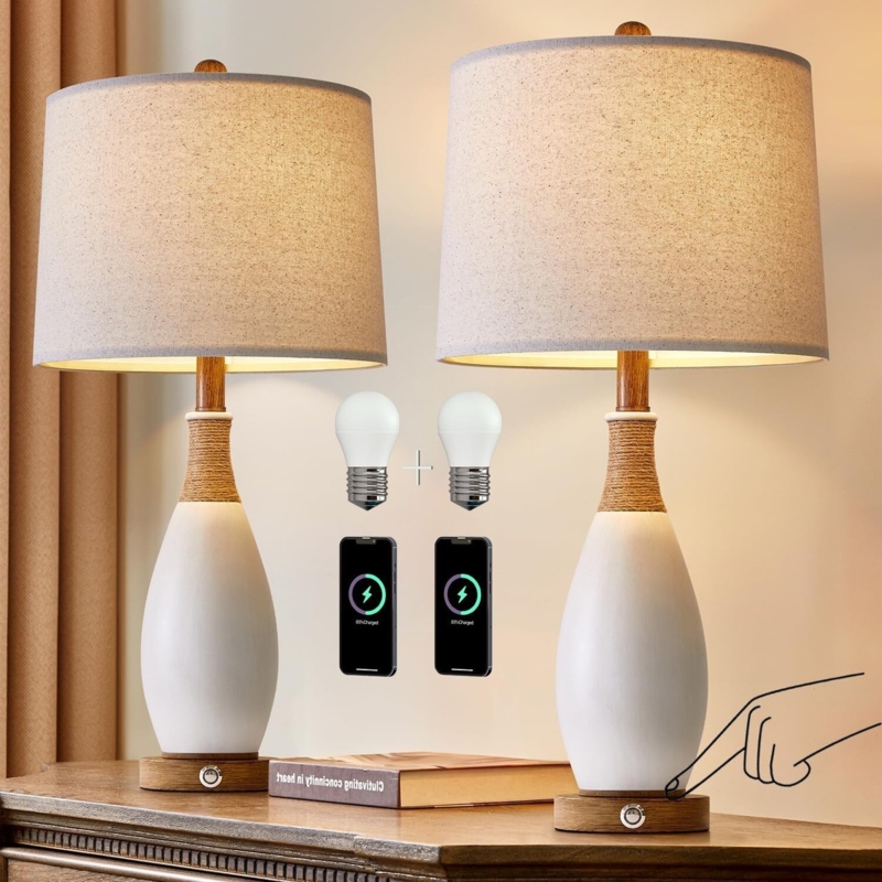 Table Lamp Seeded Glass Bottle Base Linen Shade Coastal Transitional