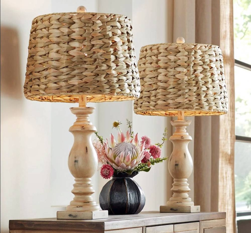 Table Lamp Set: Bamboo Style Resin with Seagrass Accents