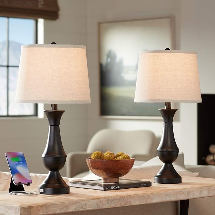 Table Lamp Set Bronze Pedestal Base White Drum Shade USB Port