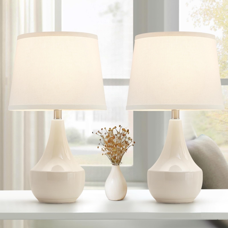 Table Lamp Set: Ceramic Ribbed Base, Cream Contemporary Bedroom Lighting