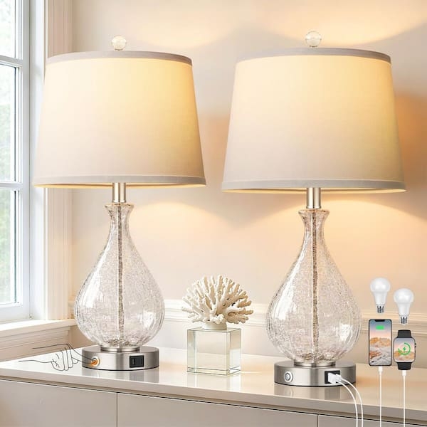 Table Lamp Set Clear Glass Cylindrical Base White Shade USB Ports