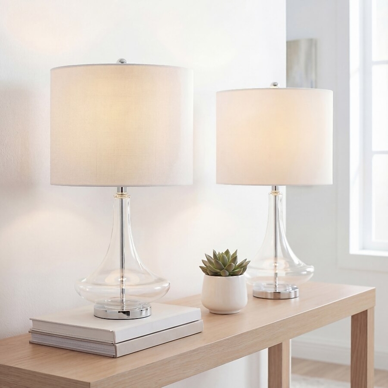 Table Lamp Set, Clear Glass Teardrop Silhouette with Chrome Finish