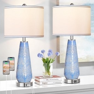 Table Lamp Set, Cobalt Blue Ceramic with Diamond Relief Texture