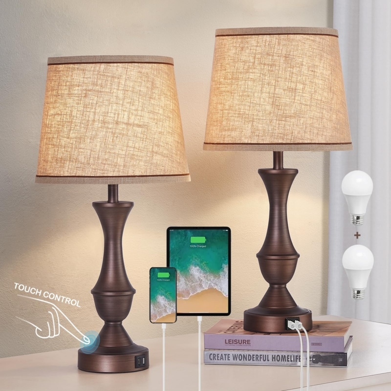 Table Lamp Set Dark Bronze Pull Chain USB Linen Shade