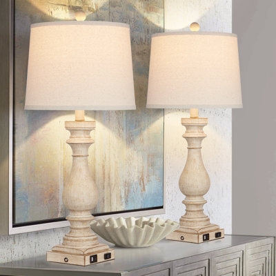 Table Lamp Set Distressed Resin Base USB Charging French Country Style