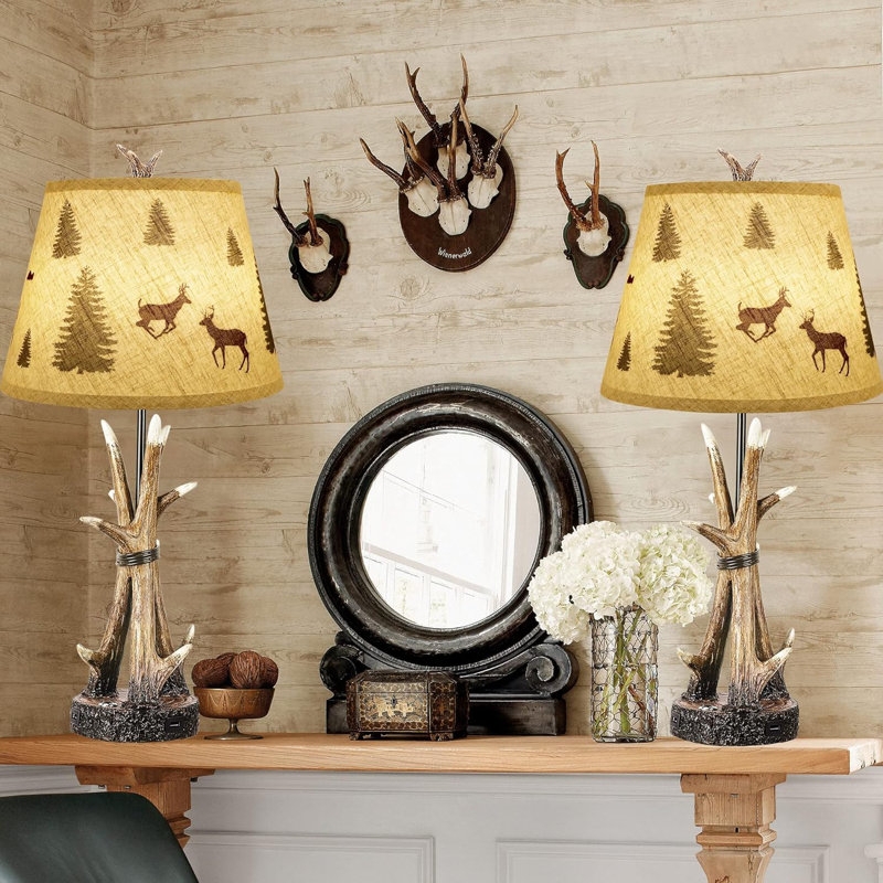 Table Lamp Set Farmhouse Antler Base Realistic Texture Lodge