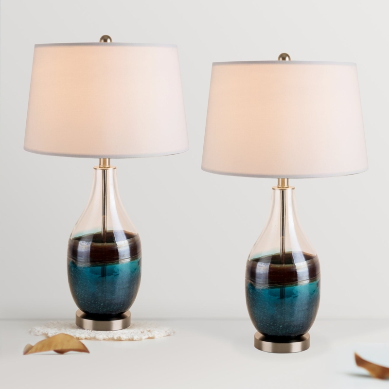 Table Lamp Set, Fluted Glass Base with Silver Accents, Tapered Shades