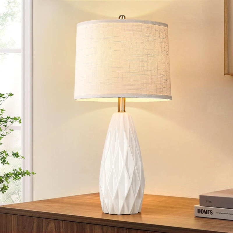 Table Lamp Set: Geometric Faceted Ceramic Base, Cream Contemporary Style