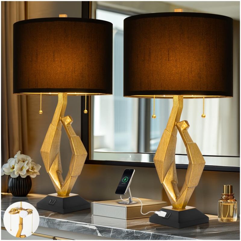 Table Lamp Set Gold Leaf Branch Base USB Ports Tapered Drum Shade