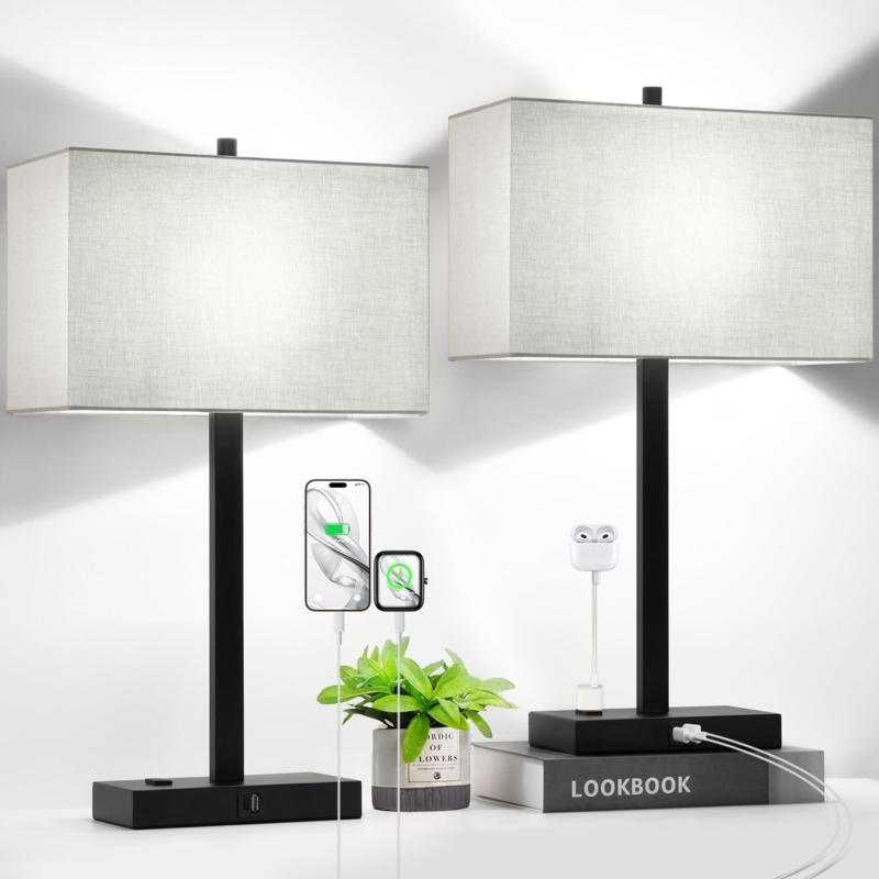 Table Lamp Set Grey Textured Shade Black Base USB AC Outlets