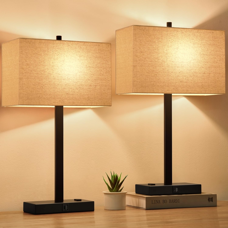 Table Lamp Set Matte Black with USB AC Outlets Touch Control