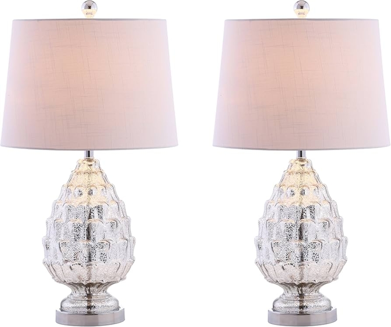 Table Lamp Set Mercury Silver Glass Artichoke Texture White Shade