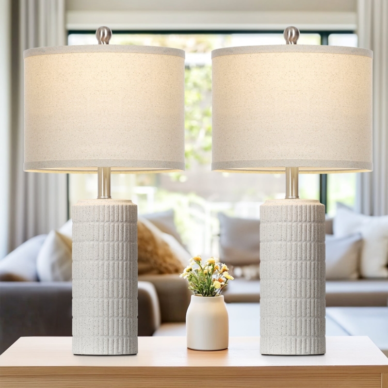Table Lamp Set: Modern Minimalist, Milk-White Ceramic Cylinder Base