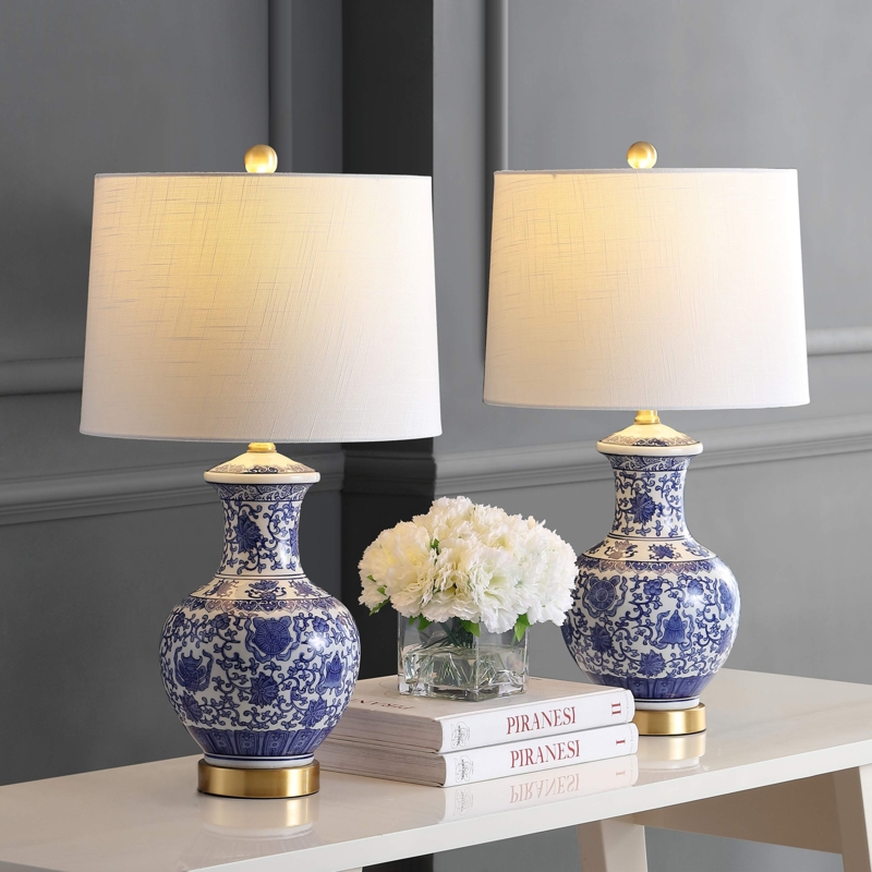 Table Lamp Set Navy White Ceramic Gourd Geometric Border Gold Base