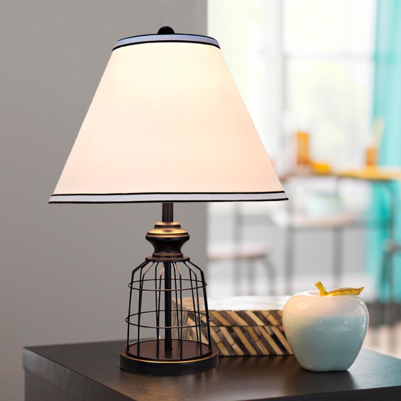 Table Lamp Set of 2 Black Wire Cage Base Linen Shade Industrial