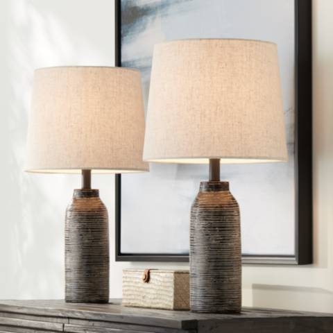 Table Lamp Set Pitted Black Base Tapered Shades Modern Rustic Style