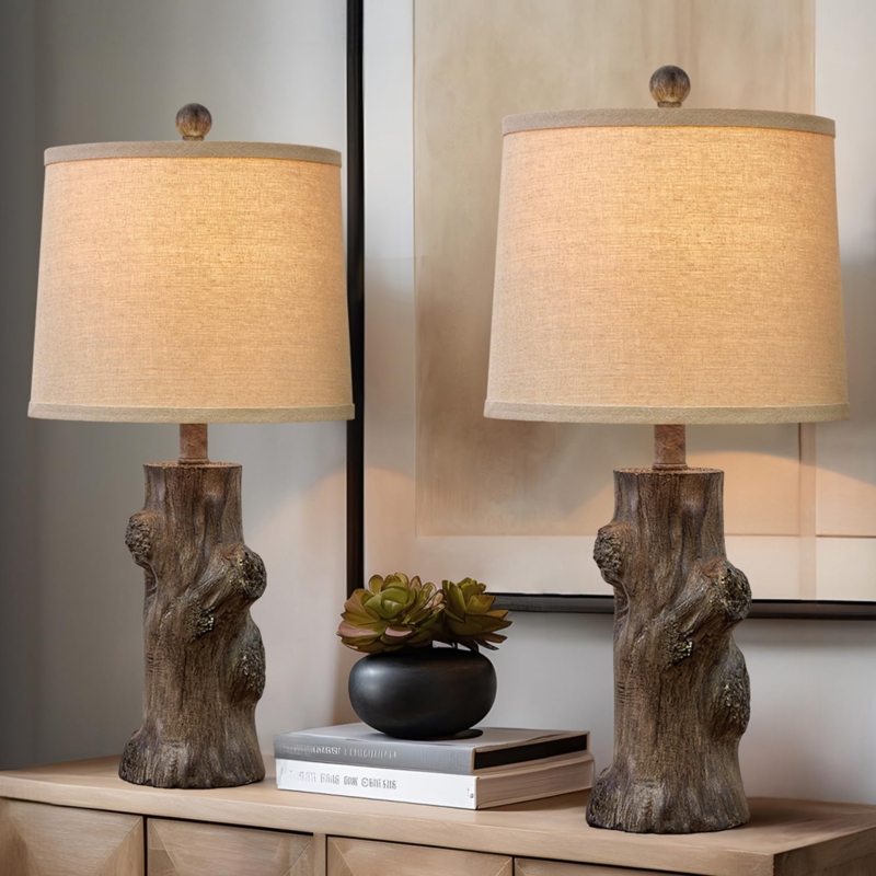 Table Lamp Set Rustic Tree Trunk Base Organic Wood Grain Texture