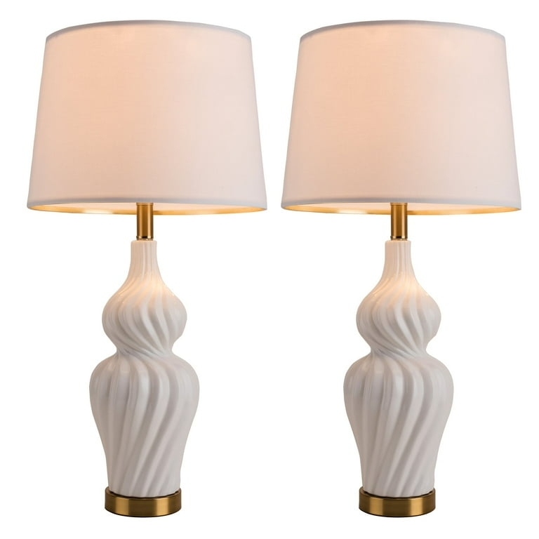 Table Lamp Set, White Faceted Ceramic Base with Gold Accents