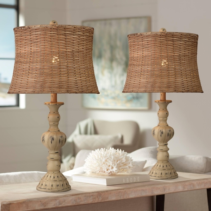 Table Lamp Set: Whitewashed Candlestick Bases & Rattan Shades