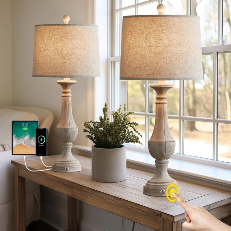 Table Lamp Set Whitewashed Farmhouse Turned Wood Base USB Ports