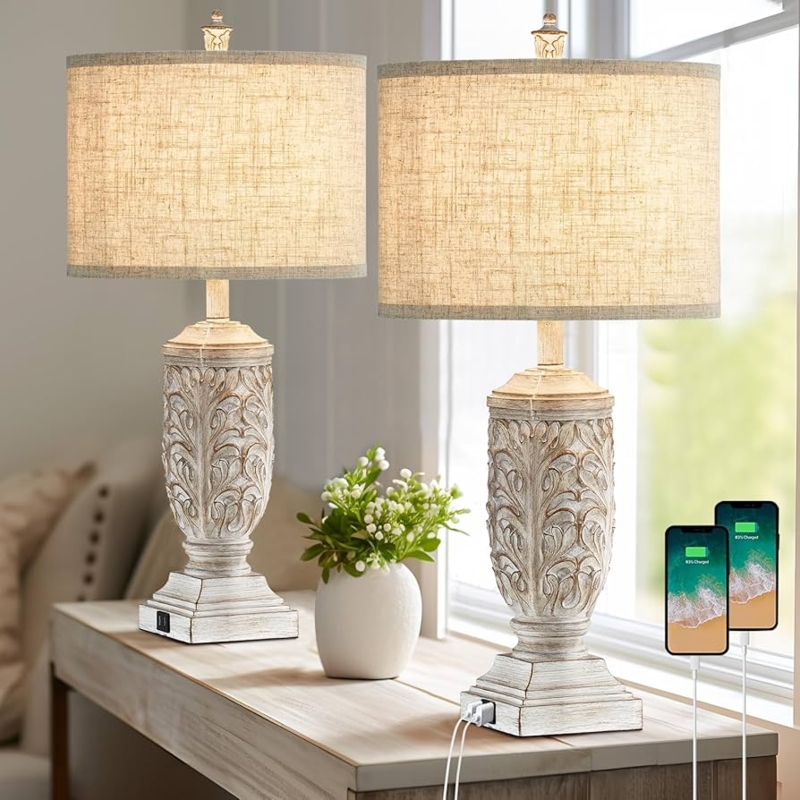 Table Lamp Set: Whitewashed Resin Leaf Relief with USB Charging Ports