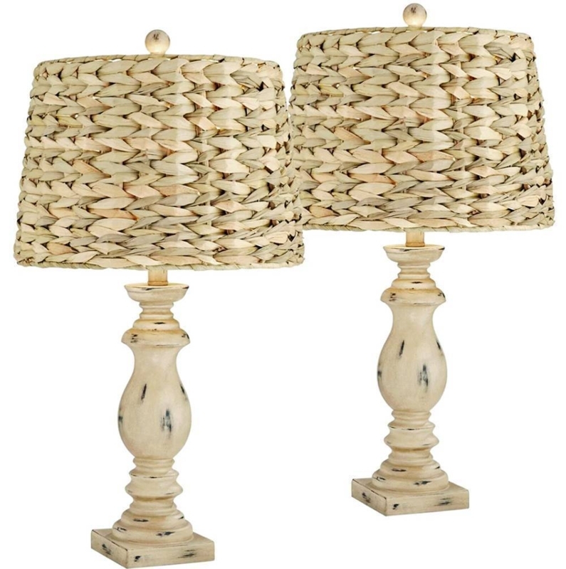 Table Lamp Set: Woven Seagrass Base with Tropical Leaf Relief
