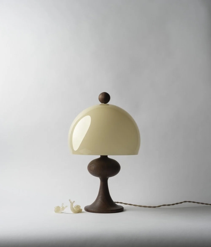 Table Lamp Spool Shaped Base Walnut Toned Wood Tapered Drum Shade