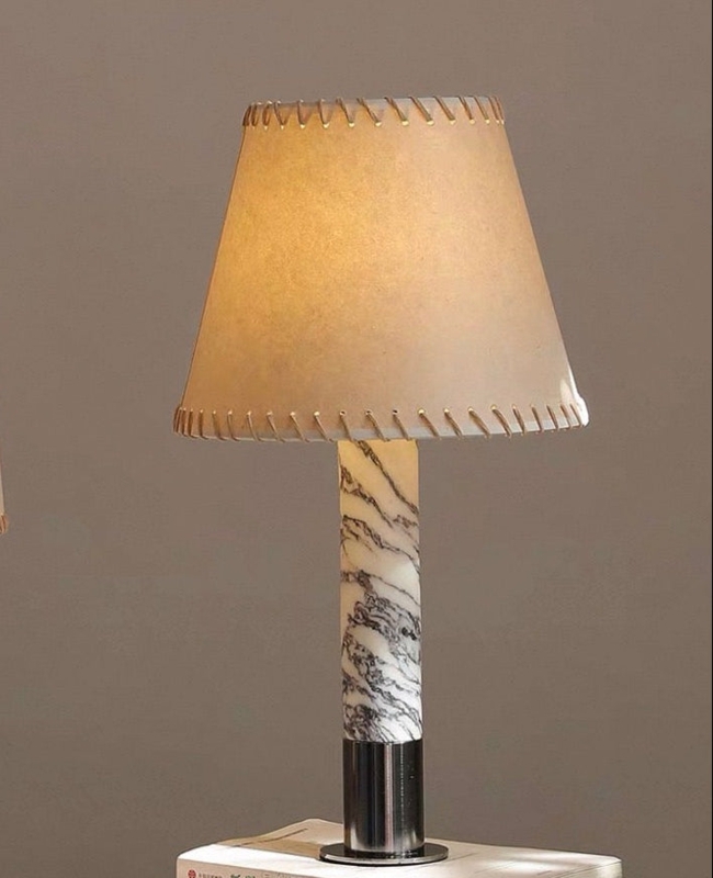 Table Lamp Stacked Marble Rectangular Base Parchment Drum Shade Brass