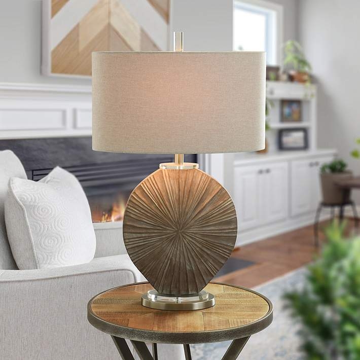 Table Lamp, Starburst Base Brushed Grey Finish Sculptural Silver