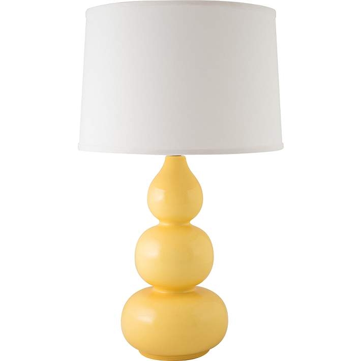 Table Lamp: Straw Yellow Ceramic Triple Gourd Base. Glossy Coastal Style.