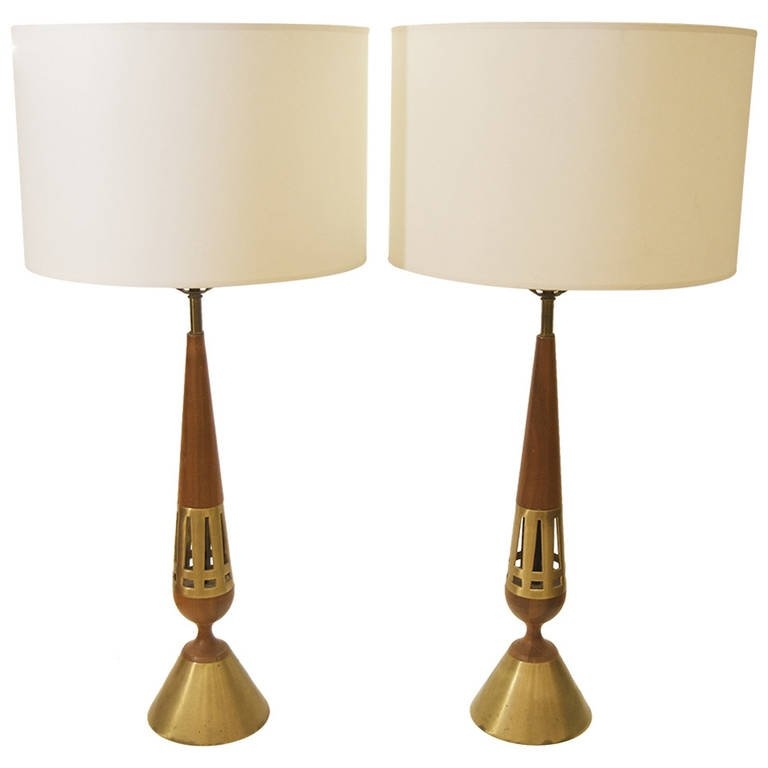 Table Lamp Tall Slender Silhouette Walnut And Brass Cylindrical Base