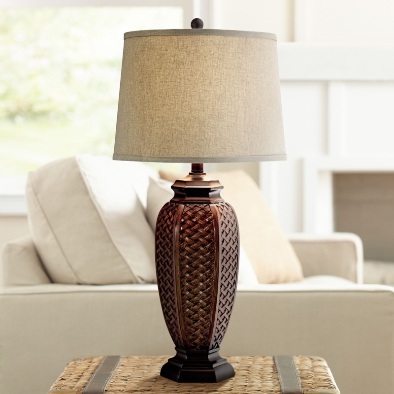 Table Lamp: Tall Woven Wicker Pattern Base with Linen Shade