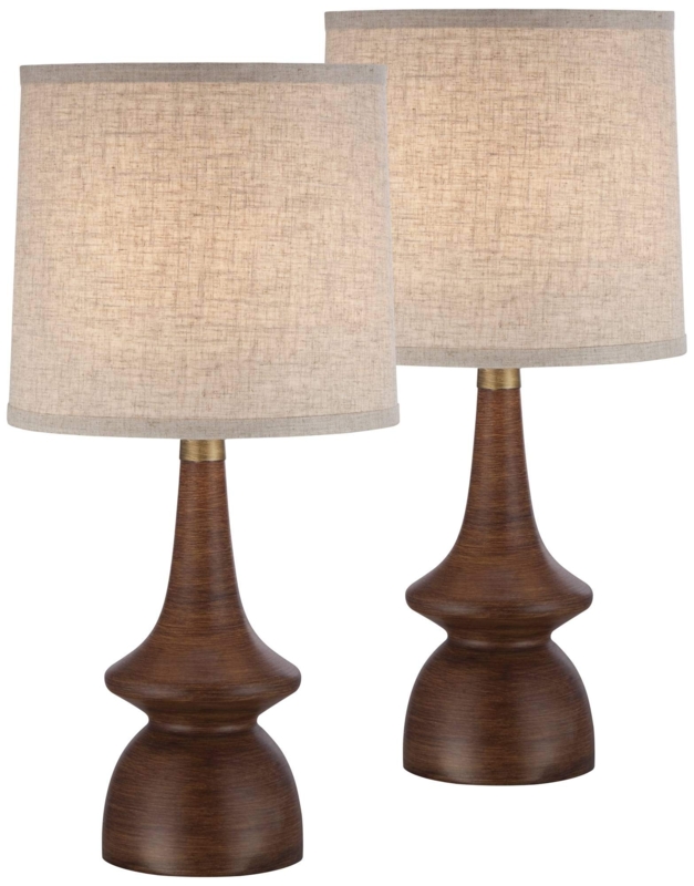 Table Lamp Tapered Wood Toned Base Drum Shade Set Of Two Mid-Century