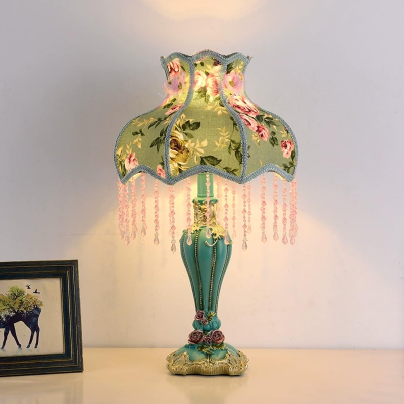 Table Lamp: Teardrop Beaded Fringe, Scalloped Lace Trim, Victorian Style